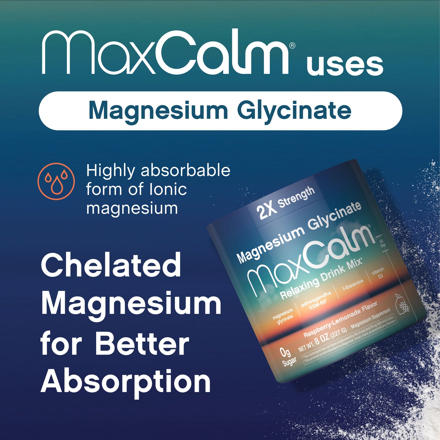 MaxCalm Bebida Relajante en Polvo | Frambuesa-Limón | Magnesio, Ashwagandha y L-Teanina | 8 oz