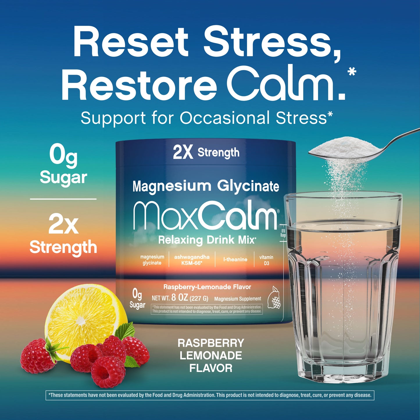 MaxCalm Bebida Relajante en Polvo | Frambuesa-Limón | Magnesio, Ashwagandha y L-Teanina | 8 oz