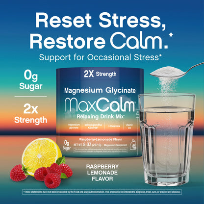 MaxCalm Bebida Relajante en Polvo | Frambuesa-Limón | Magnesio, Ashwagandha y L-Teanina | 8 oz