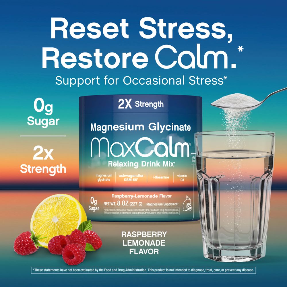 MaxCalm Bebida Relajante en Polvo | Frambuesa-Limón | Magnesio, Ashwagandha y L-Teanina | 8 oz